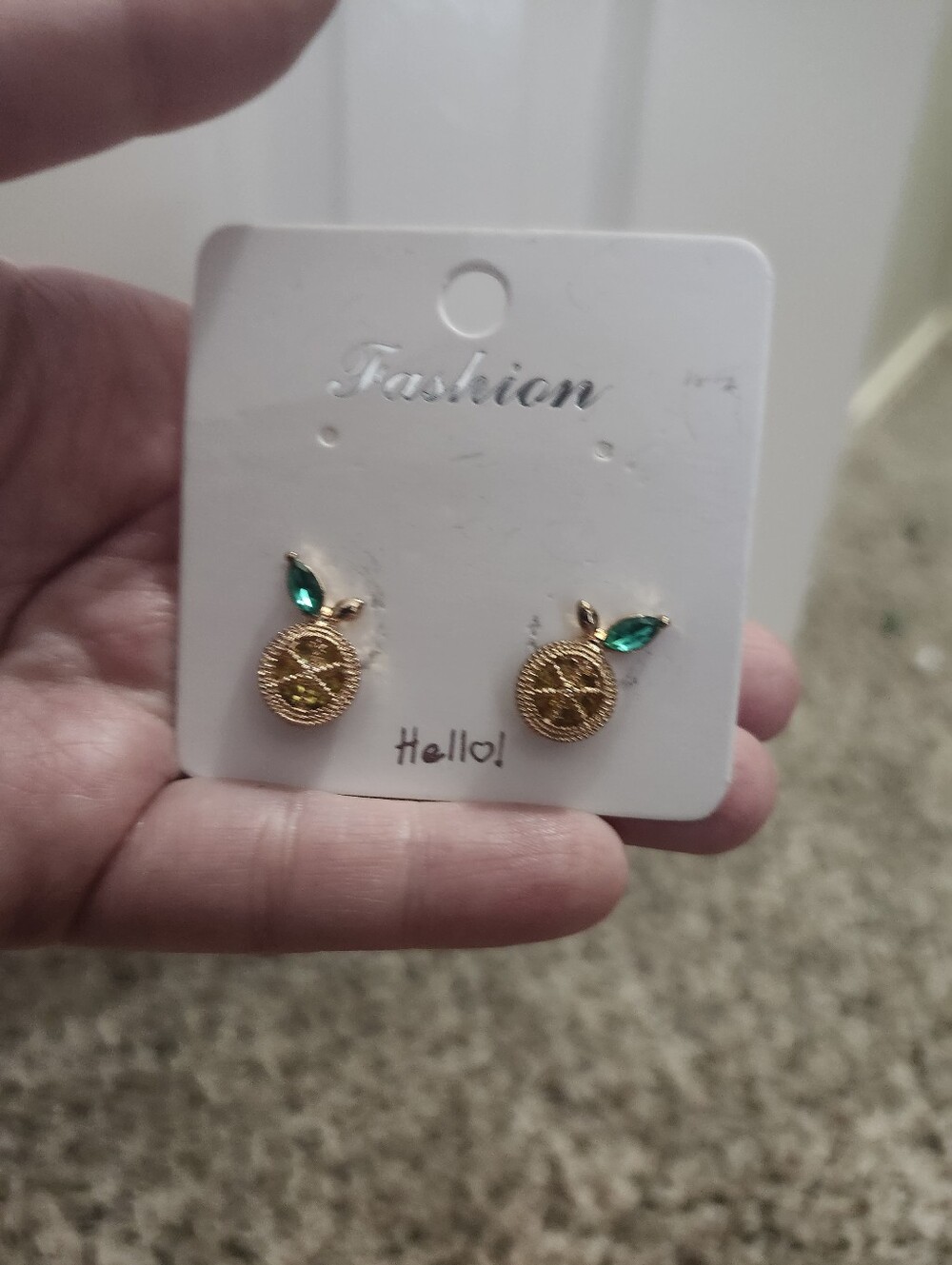 Gold Citrus Stud Earrings with Emerald Green Leaf Accent